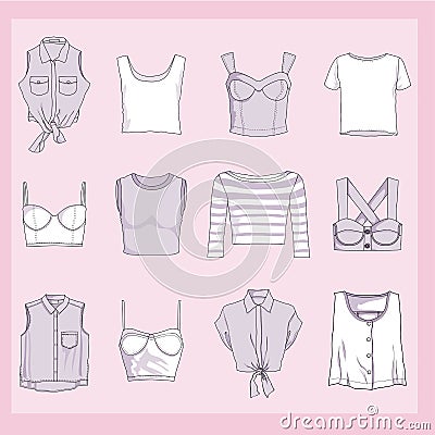 Crop-tops and blouses illustracion set Cartoon Illustration