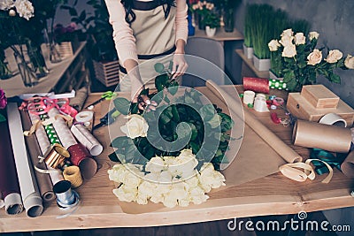Cropped above high angle view of nice businesslady assistant love hobby seller vendor creating fresh new order festal Stock Photo
