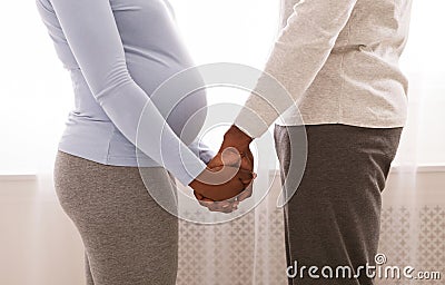 Cropped of black pregnant couple holding each other hands Stock Photo