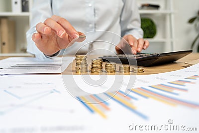 Cropped close up analysis accountant banker economist or financier lady in her formal wear shirt she sit behind table in bright l Stock Photo
