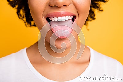 Cropped close up photo beautiful amazing she her dark skin lady beaming whitening toothy smile tongue out perfect mouth Stock Photo