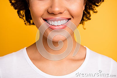 Cropped close up photo beautiful amazing she her dark skin lady sweet beaming whitening toothy smile plump lips wear Stock Photo