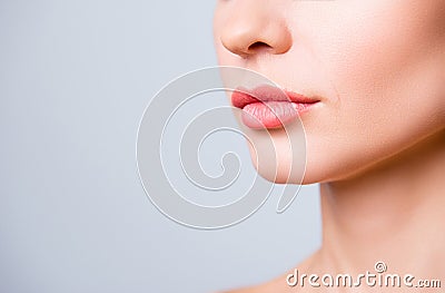 Cropped close up photo of beautiful woman`s lips with shape corr Stock Photo