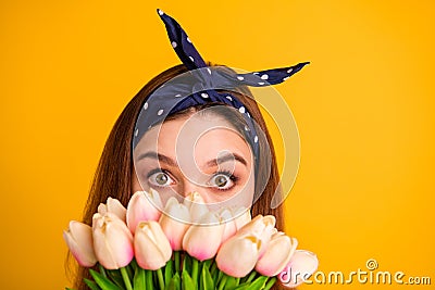 Cropped close-up portrait of her she nice attractive lovely funny straight-haired girl florist hiding behind fresh pink Stock Photo