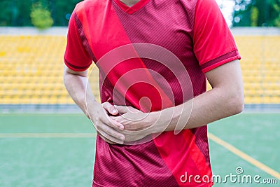 Cropped closeup photo of unhappy sad upset unsatisfied guy feeling acute pain in left side Stock Photo