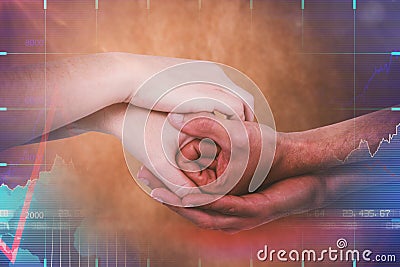 Composite image of cropped hands holding together Stock Photo