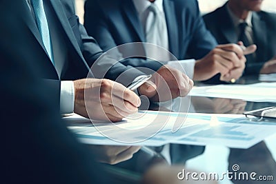 cropped hands three business people talking at a conference table Stock Photo