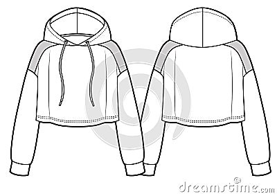 Cropped hoodie sweatshirt fashion flat sketch template Vector Illustration