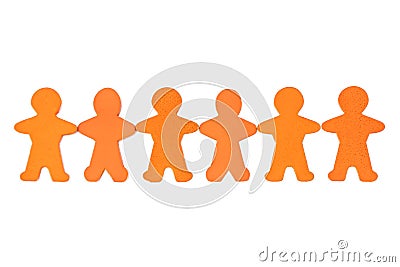 Cropped human chain of orange wooden figures against white background Stock Photo