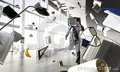 Businessman with monitor head. Mixed media Stock Photo