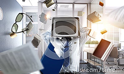 Businessman with monitor head. Mixed media Stock Photo