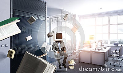 Businessman with monitor head. Mixed media Stock Photo