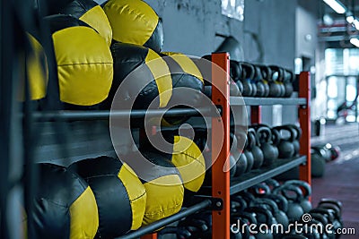 Cropped of sport balls and dumbbells on shelves Stock Photo