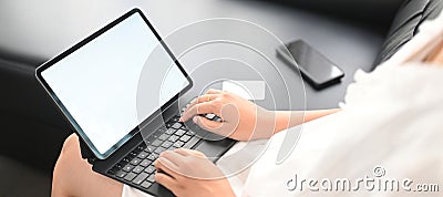 Cropped image hands are using a computer laptop. Stock Photo