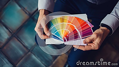 Cropped image of male designer holding color guide in his hands. Generative AI Cartoon Illustration