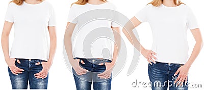 Cropped image three woman in t-shirt isolated on white background Stock Photo