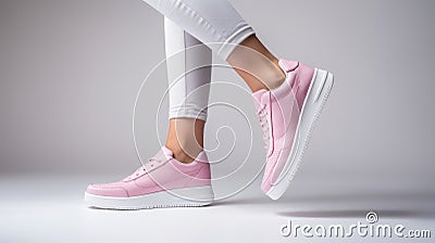 Cropped image of unrecognizable woman in pink sneakers , choosing comfortable shoes, isolated on gray background Stock Photo