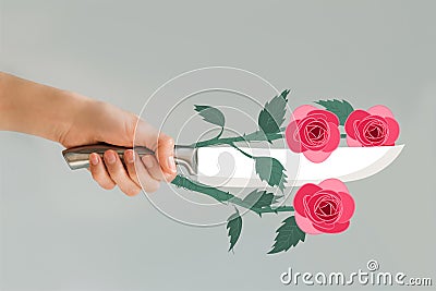 Cropped image of woman holding knife with roses Stock Photo