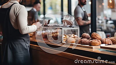 Cropped image of young woman in apron choosing pastry in cafe Generative AI Cartoon Illustration