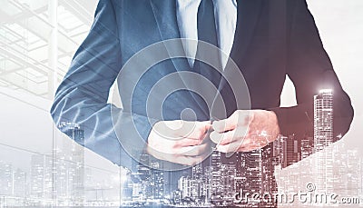 Cropped man buttons suit double exposure with city background, real estate business concept Stock Photo