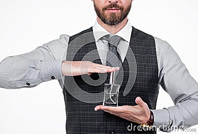 cropped man hold male perfume bottle, cologne Stock Photo