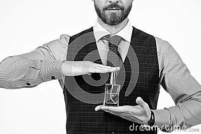 cropped man hold male perfume bottle, cologne Stock Photo