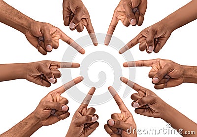 Cropped millennial african american male hands pointing by finger to center with empty space Stock Photo
