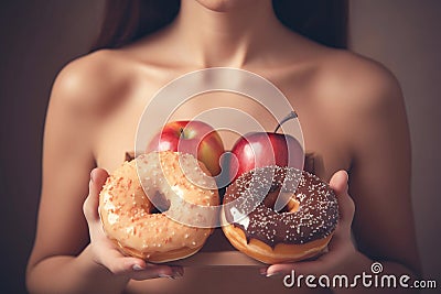Woman holding healthy apple and tempting donuts. Concept of choosing healthy diet. Generative Ai Stock Photo