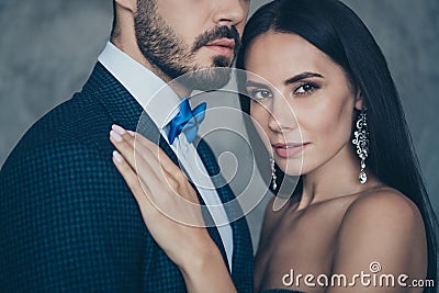Cropped photo of chic couple in love standing close tenderness trendy naughty dreams finally alone together house wear Stock Photo