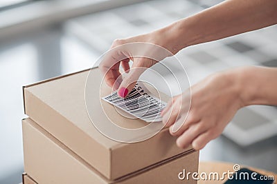 Woman employee preparing barcoded goods for shipping Stock Photo