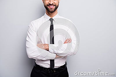 Cropped photo of macho business man bossy crossed arms hiding half face beaming smiling wear white office shirt black Stock Photo