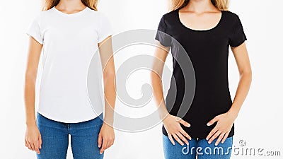 Cropped portrait collage women in white and black tshirt isolated on white background, template,mock up,back views Stock Photo
