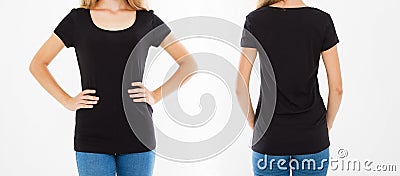 Cropped portrait set,collage woman in black t shirt, front and back views,copy space Stock Photo