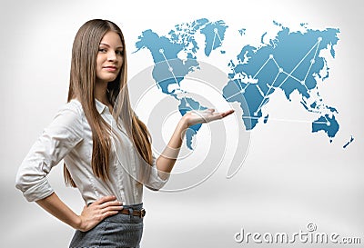 Cropped portrait of young businesswoman raised her hand presenting world map Stock Photo