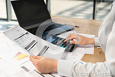 Cropped profile side view photo of focused confident professional occupation agent analysis lady in her formalwear she sit behind Stock Photo