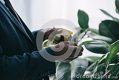 cropped shot of businessman watering leaves of plant Stock Photo