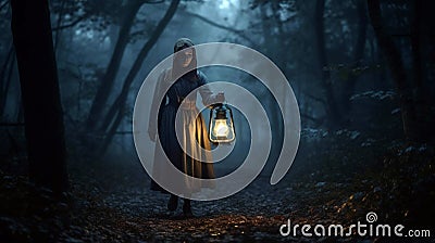 Cropped view of mystic girl with kerosene lamp walking Stock Photo