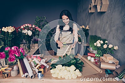 Cropped view of nice attractive gorgeous cheerful businesslady assistant seller helper making fresh new perfect Stock Photo