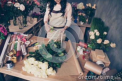 Cropped view of nice luxury gorgeous lady assistant seller creating fresh new perfect adorable desirable birthday festal Stock Photo