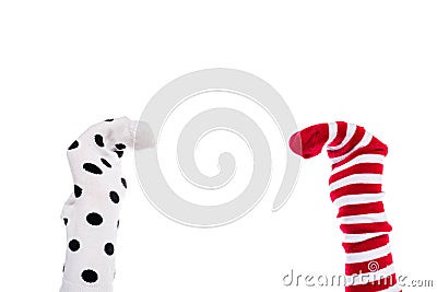 Cropped view of person with colorful sock puppets on hands Isolated On White. Stock Photo