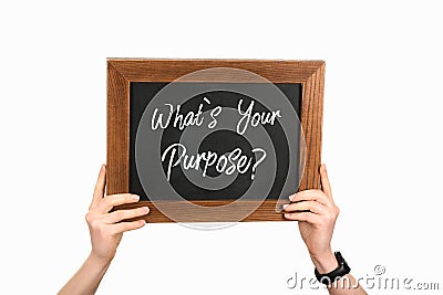 Cropped view of woman hands holding board with lettering whats your purpose Stock Photo