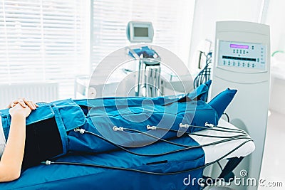 Legs pressotherapy machine on woman patient in hospital bed Stock Photo