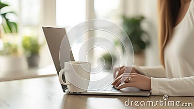 Cropped view of woman sitting at wooden table and working on laptop. A cup of coffee with a potted plant in the Stock Photo