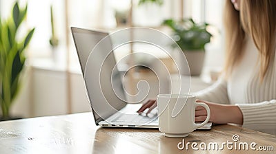 Cropped view of woman sitting at wooden table and working on laptop. A cup of coffee with a potted plant in the Stock Photo