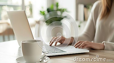 Cropped view of woman sitting at wooden table and working on laptop. A cup of coffee with a potted plant in the Stock Photo