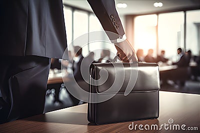 Cropper views the hands of businessperson holding a briefcase and confidently striding into the meeting room, AI Generated Stock Photo