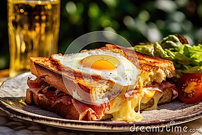 Croque monsieur with humble cheese, fried egg and ham toastie as a gourmet fare Stock Photo