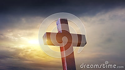 Christian cross on sunset background . Religion background . Paradise heaven . Light in sky . Stock Photo