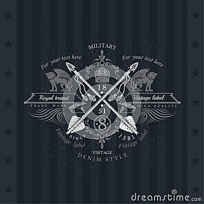 Cross Arrows With Ribbons and Two lions On Both Sides . Military Heraldic Label Vector Illustration