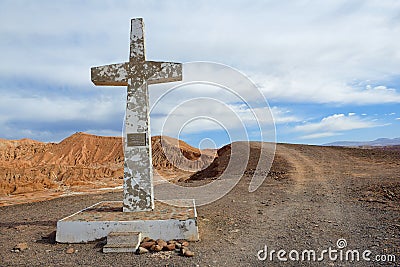 Cross in the Atacama desert in memory of the pope Juan Pablo the Second visit near San Pedro de Atacama, Chile. Editorial Stock Photo